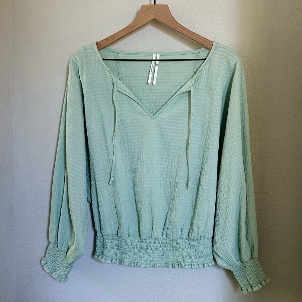 ANTHROPOLOGIE S M Rebecca Smocked Top in Mint • Oversized Peasant Blouse - Picture 4 of 13